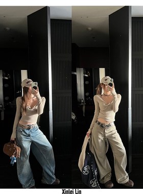 Xinlei Lin 月光四重奏坑条针织修身胸前扭结长袖T恤上衣女