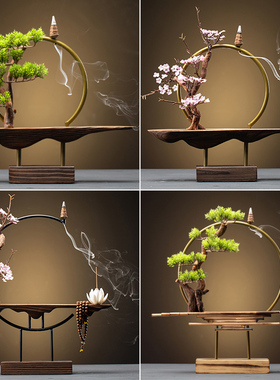 新中式禅意摆件底座风化实木家居摆件客厅办公室玄关书房铁艺灯圈