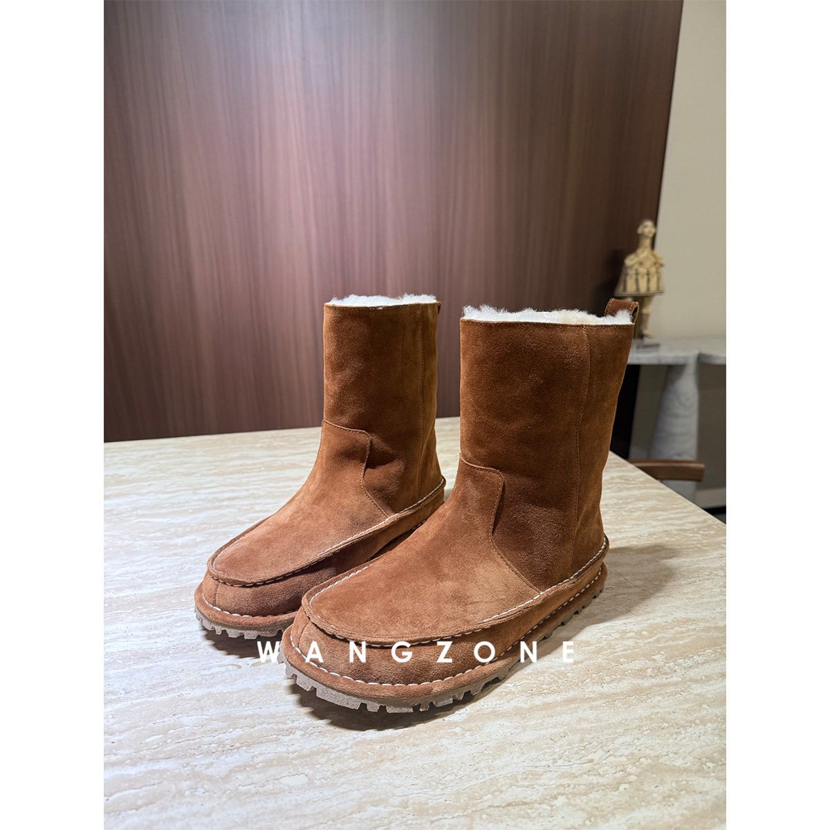 WANG ZONE｜皮毛一体时尚舒适麂皮手工缝线中筒勃肯雪地靴