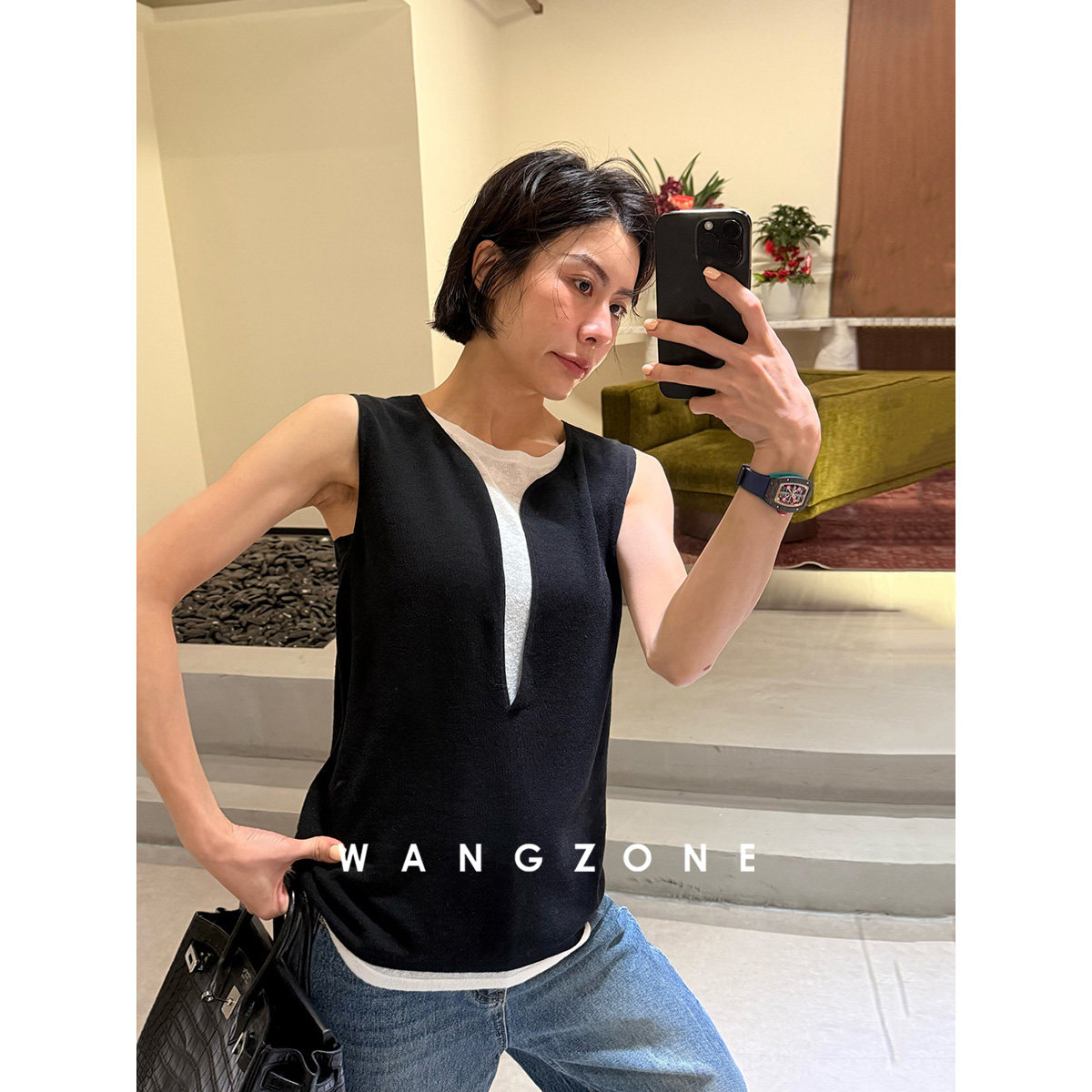 WANG ZONE | 设计感天丝亚麻叠穿假两件黑白拼色老钱风休闲马甲春