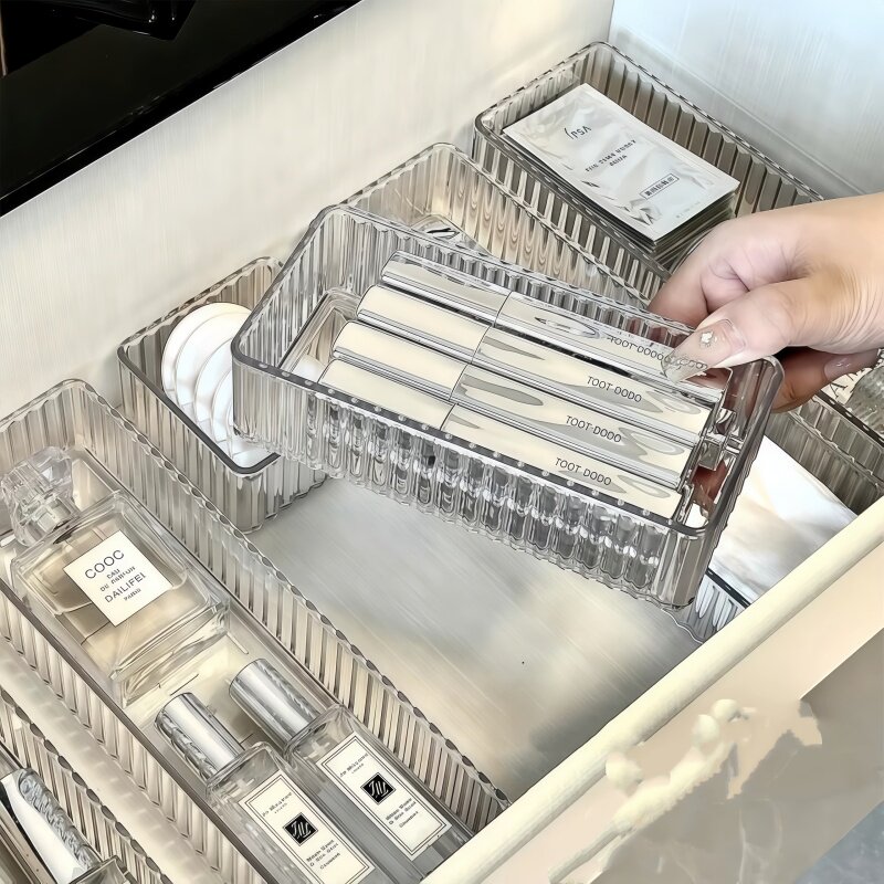 抽屉式内置收纳盒化妆品桌面整理盒塑料透明分隔收纳盒子置物架