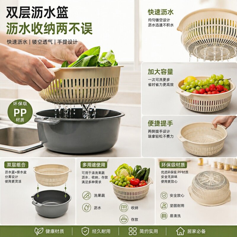家用双层塑料沥水篮洗篮菜篮厨房淘菜篮子洗菜篮洗菜盆滴水篮圆形