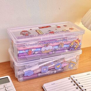 铅笔盒透明文具收纳盒大容量笔筒装蜡笔彩铅马克笔中性笔儿童笔袋