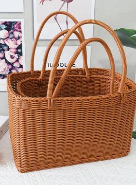 仿藤收纳筐提手方形野餐篮PP仿藤篮购物篮菜篮采摘果篮子果蔬篮