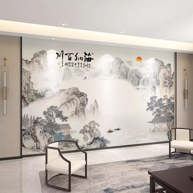 新中式山水电视墙沙发背景墙竹木纤维木饰面护墙板集成墙板可定制