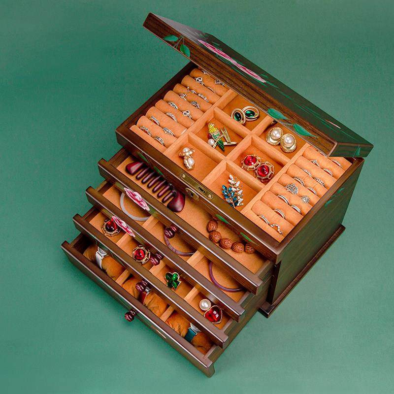 首饰盒实木多层全锁大容量高档手绘花戒指手镯项炼珠宝饰品收纳盒