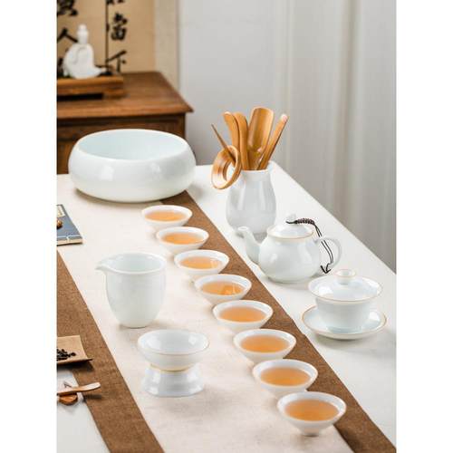 甜白瓷简约功夫茶具家用办公室泡茶壶盖碗茶杯套装斗笠杯陶瓷礼盒