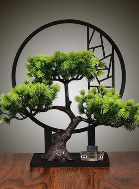 新中式迎客松彷真绿色植物盆景客厅酒柜家居玄关创意装饰禅意屏风