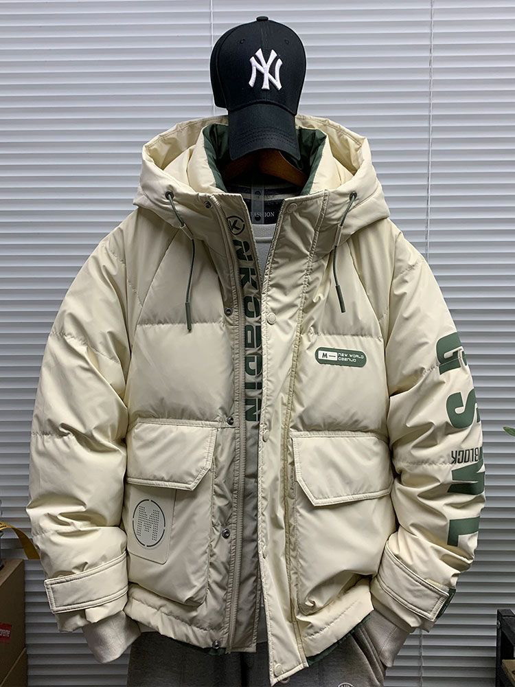 冬季新款工装潮牌连帽羽绒服男重工休闲宽松加厚保暖短款羽绒外套