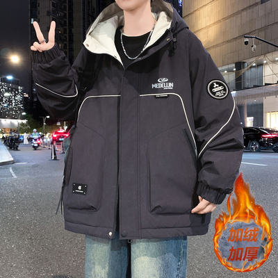 秋冬季青少年加绒加厚抗寒保暖外套男夹克棉服初中高中学生冲锋衣