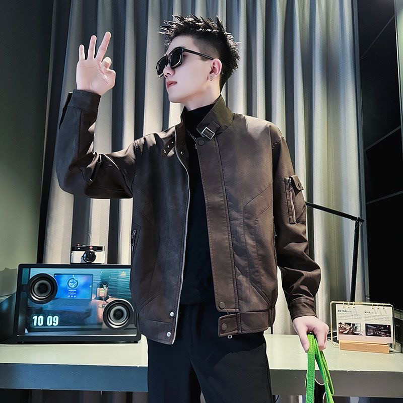 男士皮衣外套秋冬季2024新款男装上衣高级感痞帅百搭立领皮夹克男