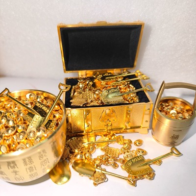 混搭宝箱迷你金砖小金条元宝金铲子算盘金属摆件招财实心桌面摆件