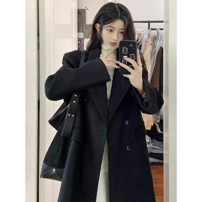 黑色赫本风毛呢外套女款