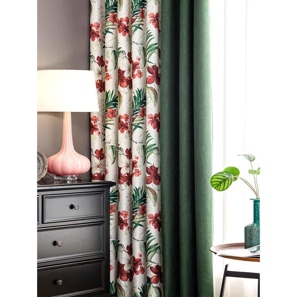 美式田园风拼接窗帘全遮光棉麻绿色客厅卧室书房飘窗加厚定制布帘