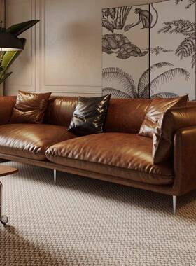 覆古油蜡皮头层牛皮沙发客厅小户型直排三人位HUG怀抱中古风真皮