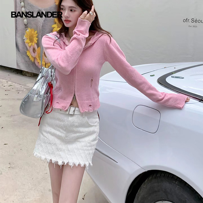 BANSLANDER菱格纹腰带短裤女夏季高腰显瘦包臀裙辣妹性感毛边裤裙