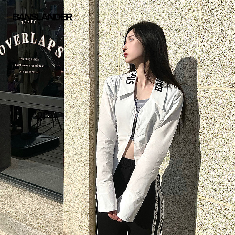 BANSLANDER领口LOGO拉链衬衫字母印花女夏季新款修身显瘦短款上衣