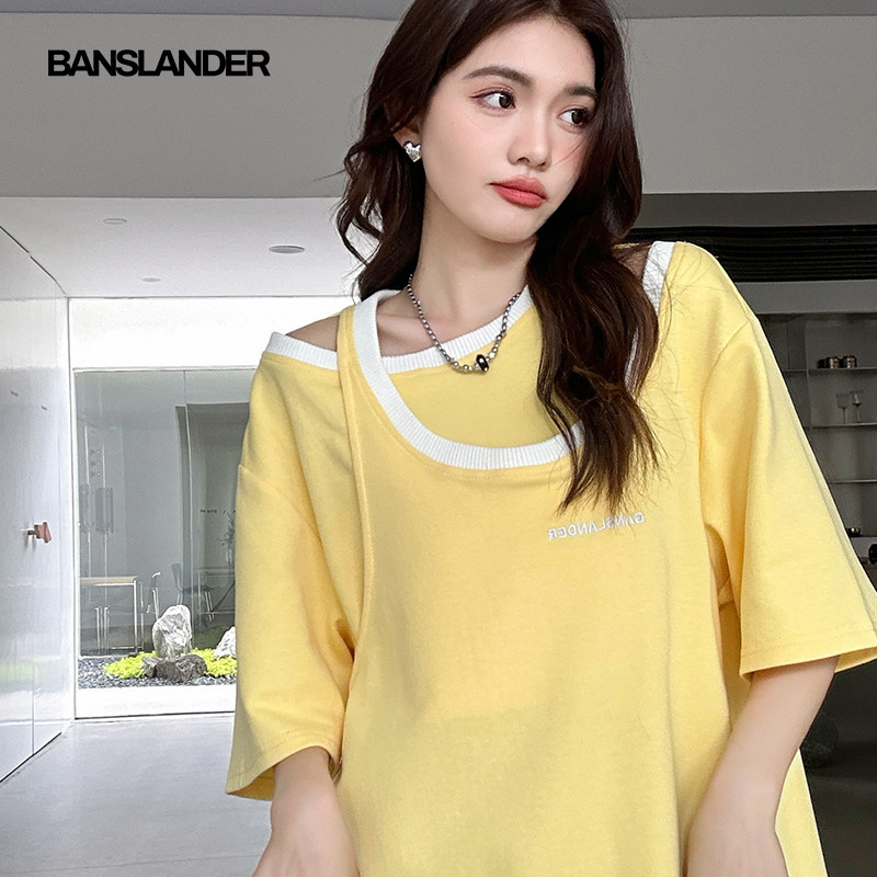 BANSLANDER假两件撞色露肩T恤