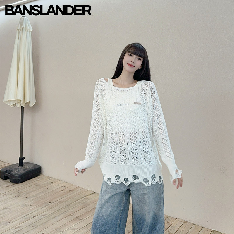 BANSLANDER破坏重工满绣珠片套头毛衣镂空破洞毛衣女针织罩衫上衣