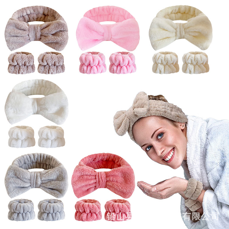 纯色简约蝴蝶结发带毛绒手腕带女洗脸吸水手环袖口防水护腕带头巾