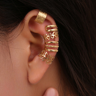 跨境复古环状耳夹五件套无耳洞多层镂空树叶耳钉个性耳环耳饰批发