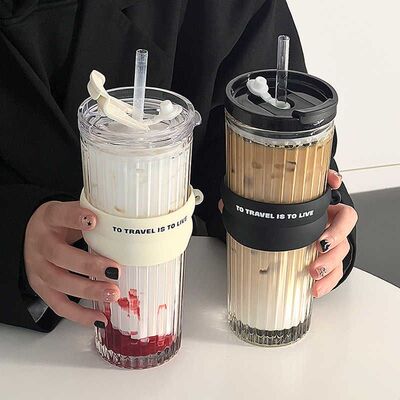 高颜值玻璃水杯600ml耐热大容量 便携双饮咖啡杯 适用办公室ins风