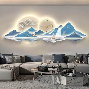 大气客厅装 带钟表壁画灯画 饰画中式 山水画沙发背景墙挂画2024新款