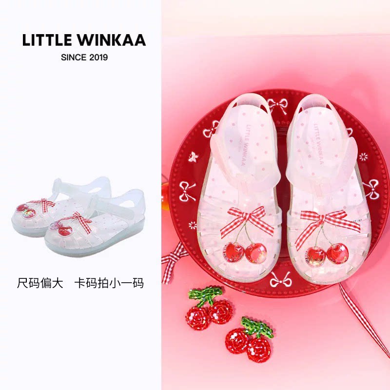 little winkaa蝴蝶结樱桃小奶冻泡泡凉鞋镂空防水可爱圆头女童鞋