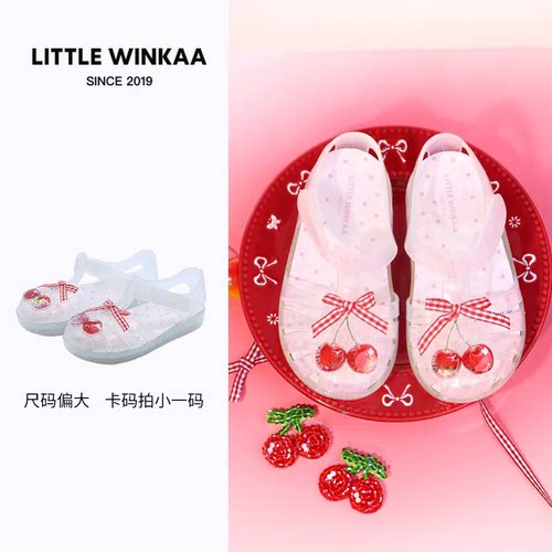 little winkaa蝴蝶结樱桃小奶冻泡泡凉鞋镂空防水可爱圆头女童鞋