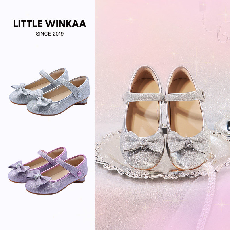 Littlewinkaa珍珠蝴蝶结闪亮高跟公主鞋2026新款春秋女童皮鞋演出