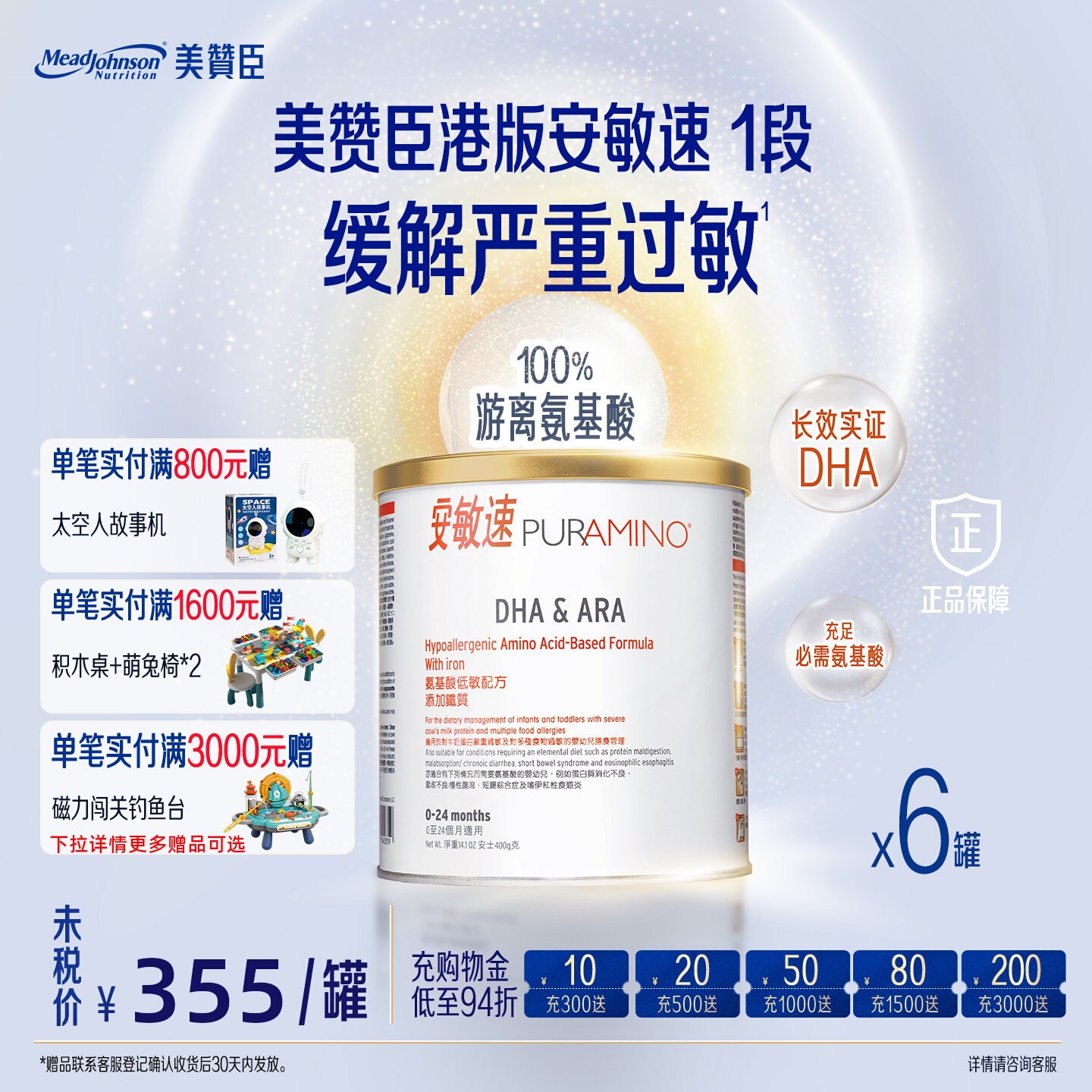 港版美赞臣安敏速氨基酸配方奶粉深度水解蛋白新生婴儿初段400g*6