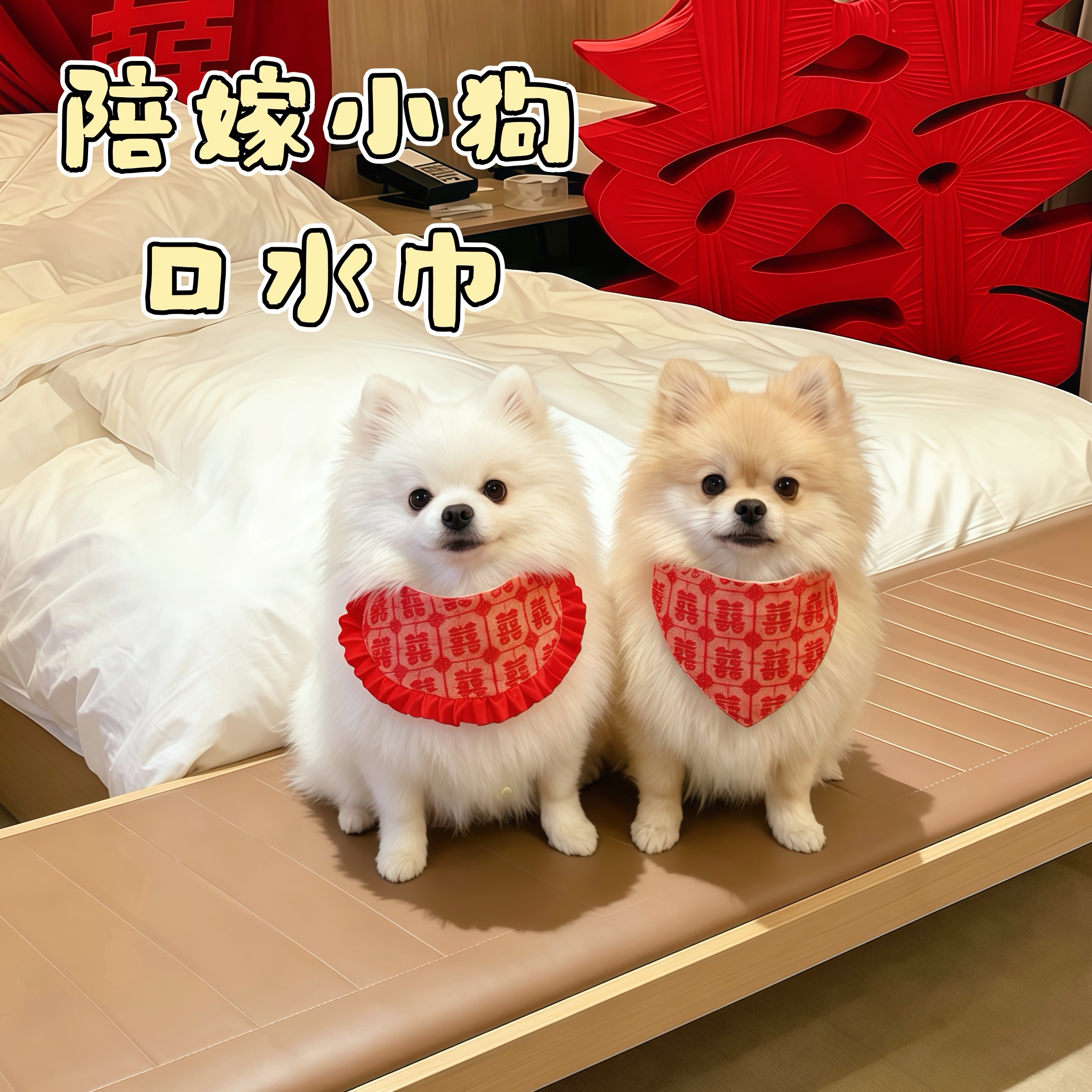 压床小狗!宠物喜字口水巾小猫红色围脖结婚装扮中式婚礼喜庆配饰