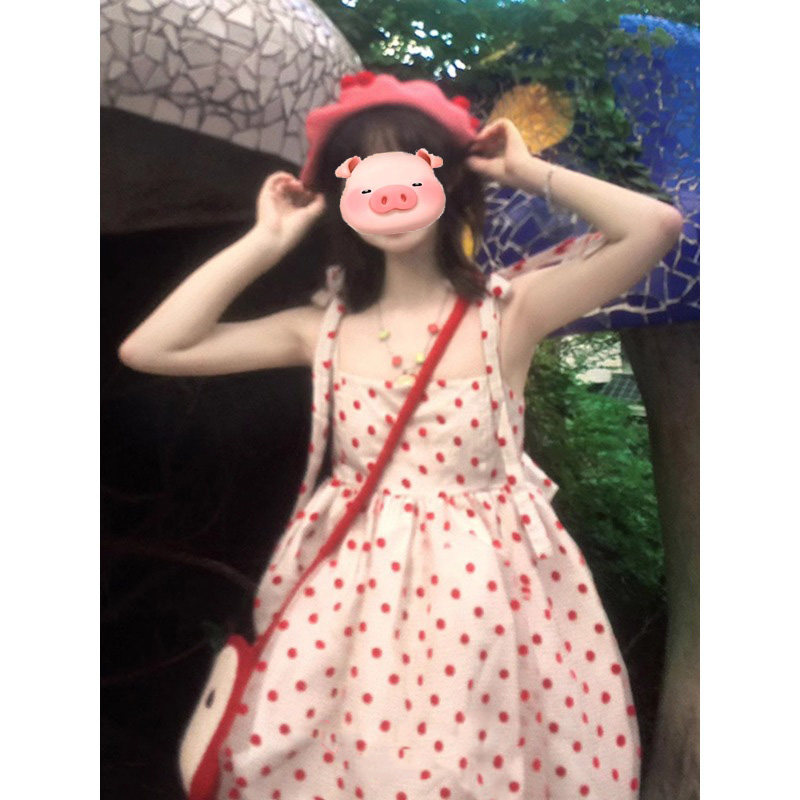 波点吊带连衣裙女夏季新款学院风复古小个子收腰花苞公主蓬蓬裙子