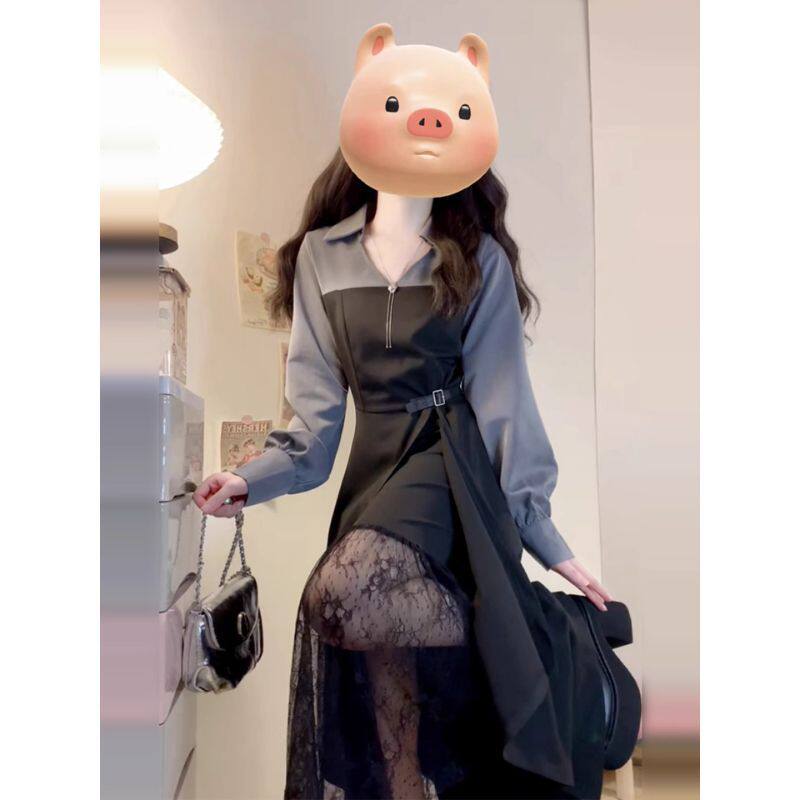 法式气质设计感黑色开叉连衣裙子女早秋装2025新款高级感长袖长裙