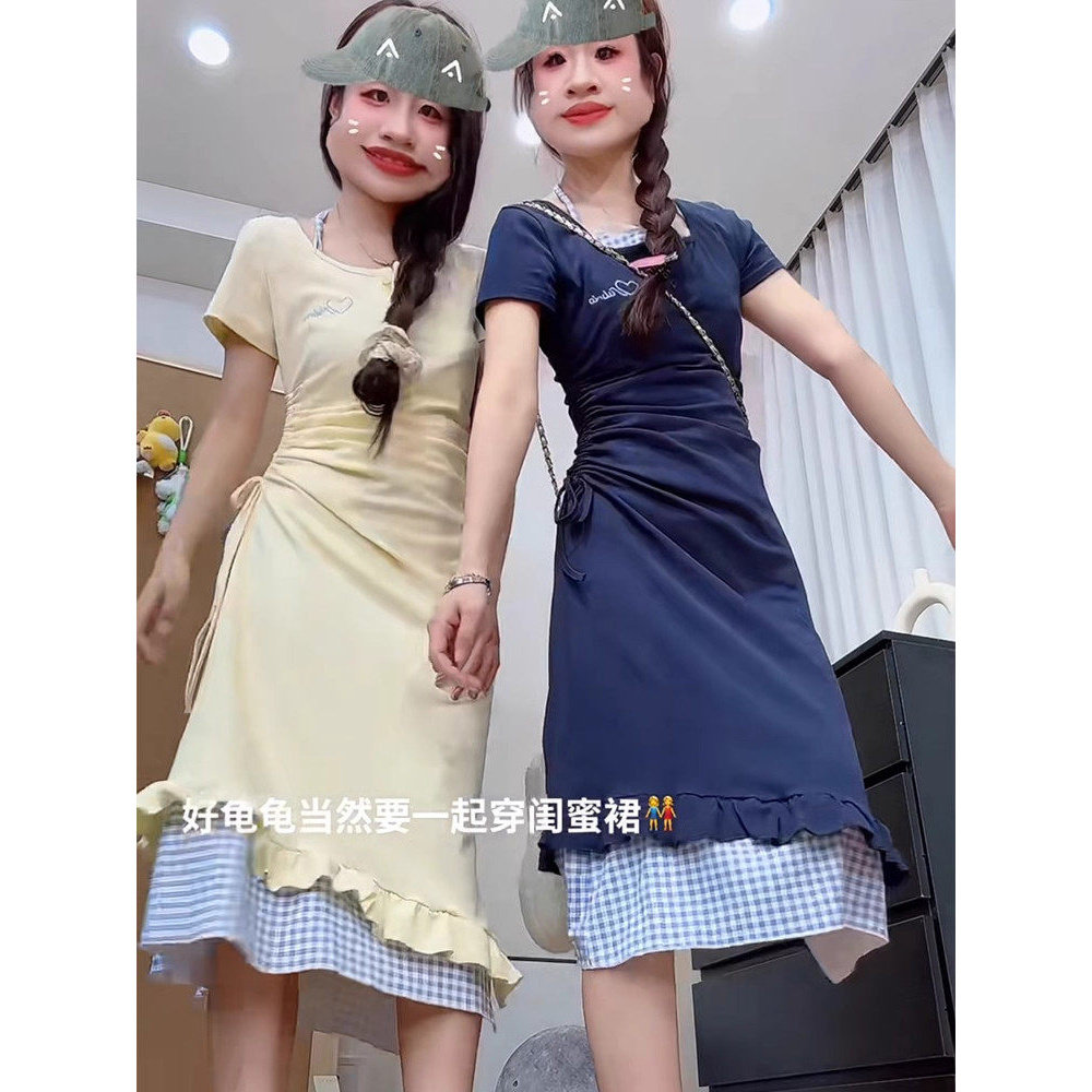 显瘦时尚休闲百搭减龄夏季宽松拼接假两件连衣裙女年夏季少女