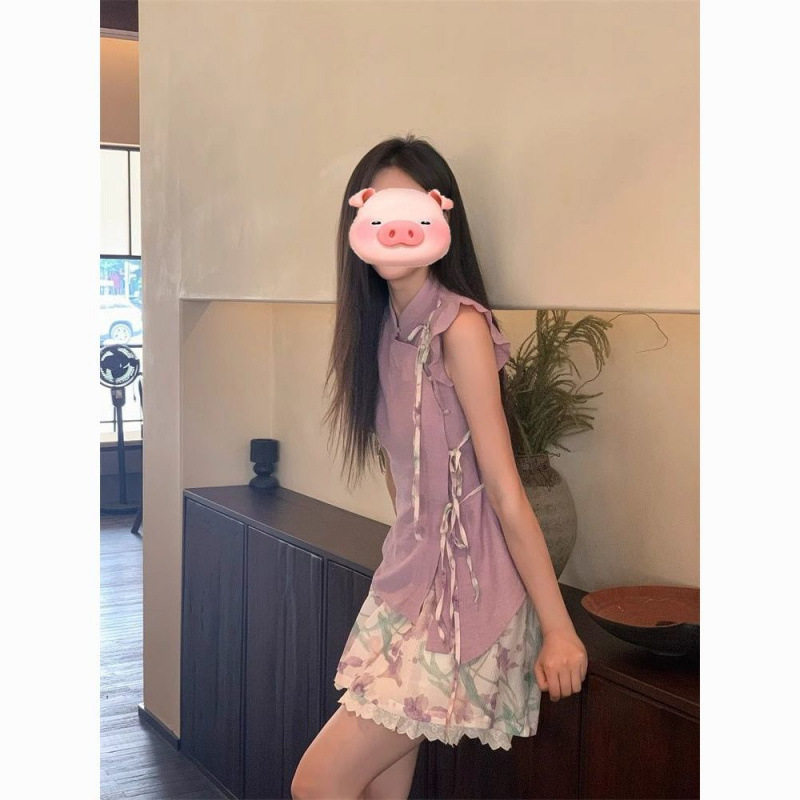 夏季新中式小个子碎花短袖上衣裙子气质国风新款两件套装女显瘦