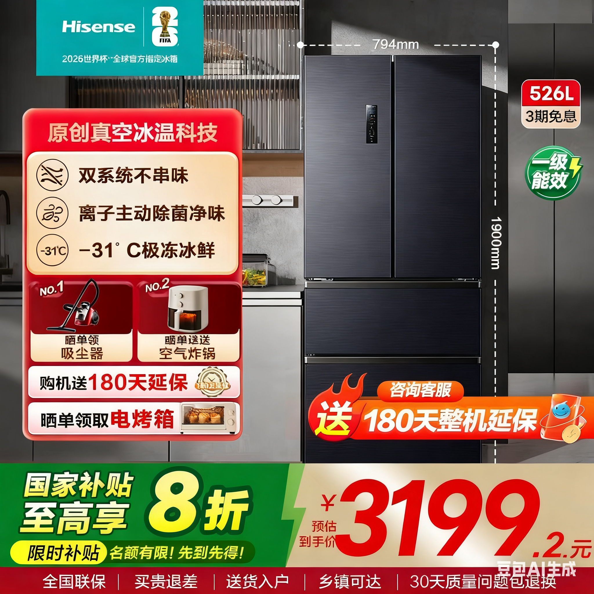 海信小榴莲526冰箱真空保鲜四门法式冰箱双系统家用一级换新补贴