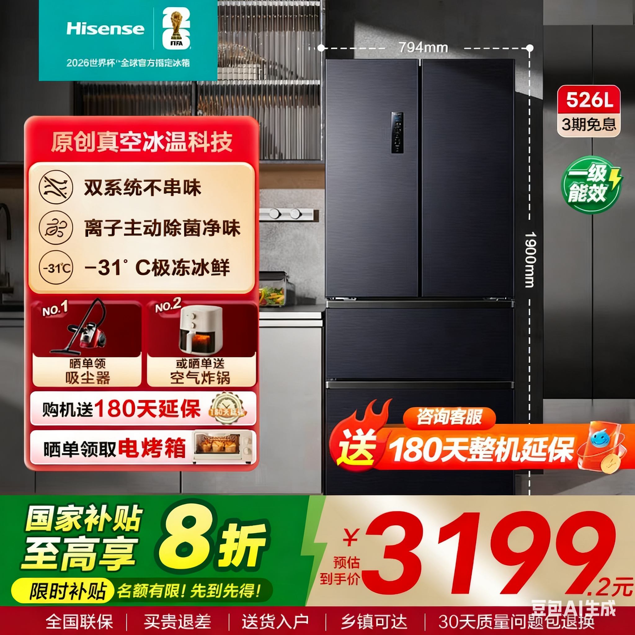 海信小榴莲526冰箱真空保鲜四门法式冰箱双系统家用一级换新补贴