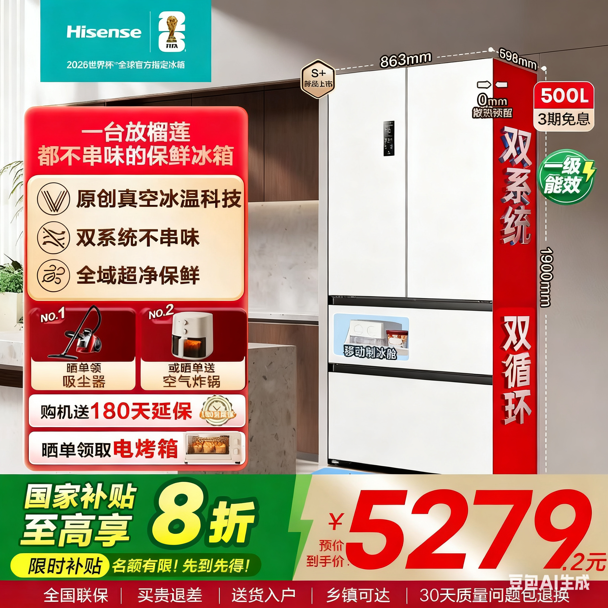 海信500V5Pro真空零嵌入式冰箱法式四开门双系统超薄家用换新补贴