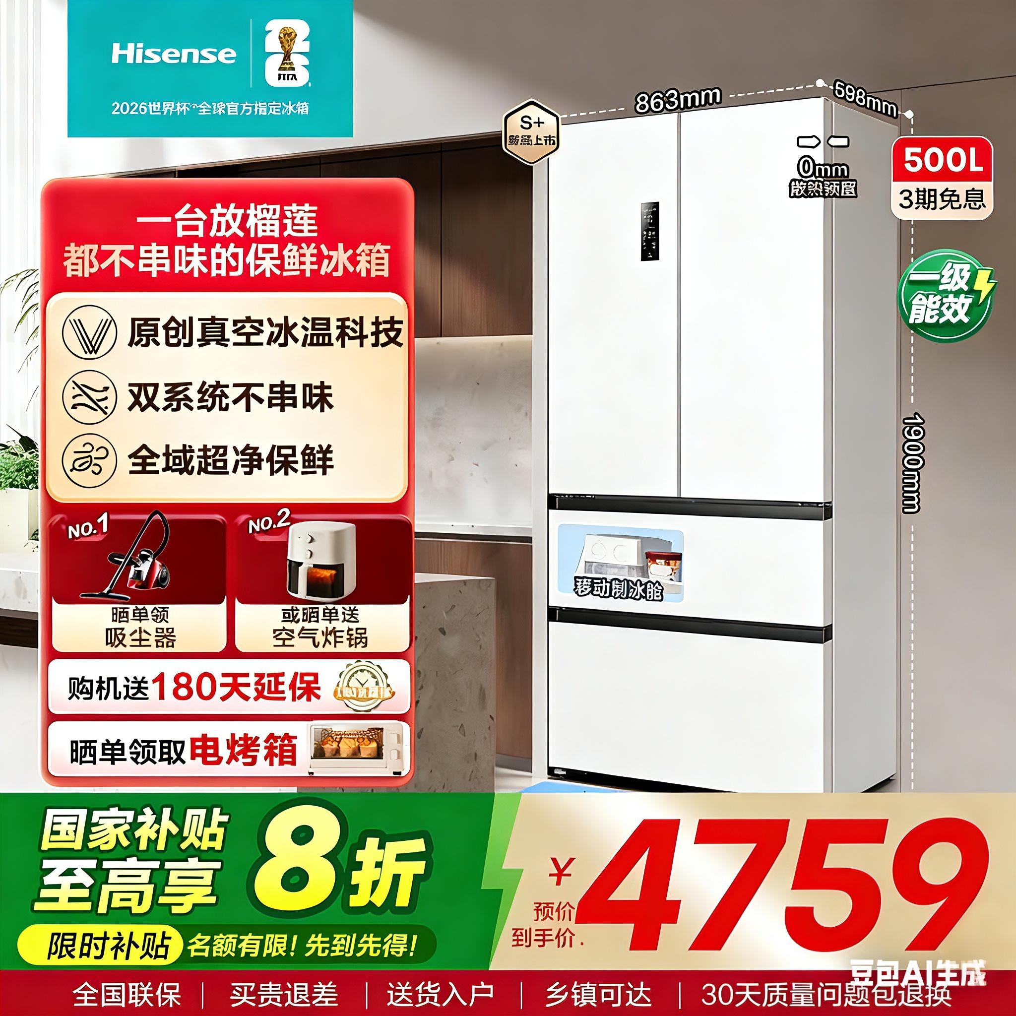 海信500V5Pro真空零嵌入式冰箱法式四开门双系统超薄家用换新补贴