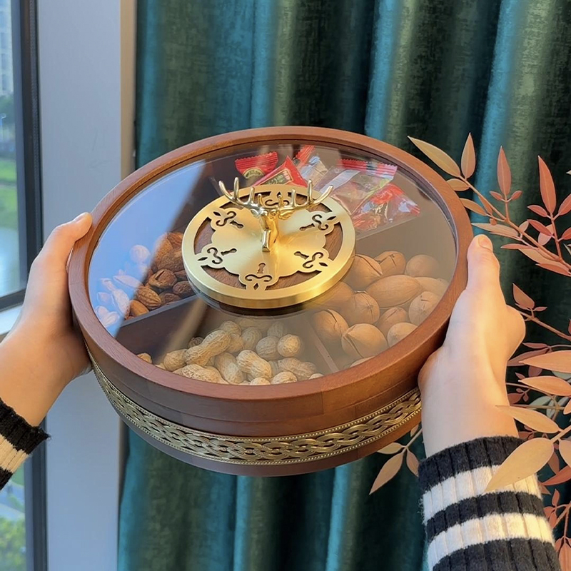 中式轻奢高档糖果盒n客厅家用实木黄铜坚果干果收纳盒茶几水果盘