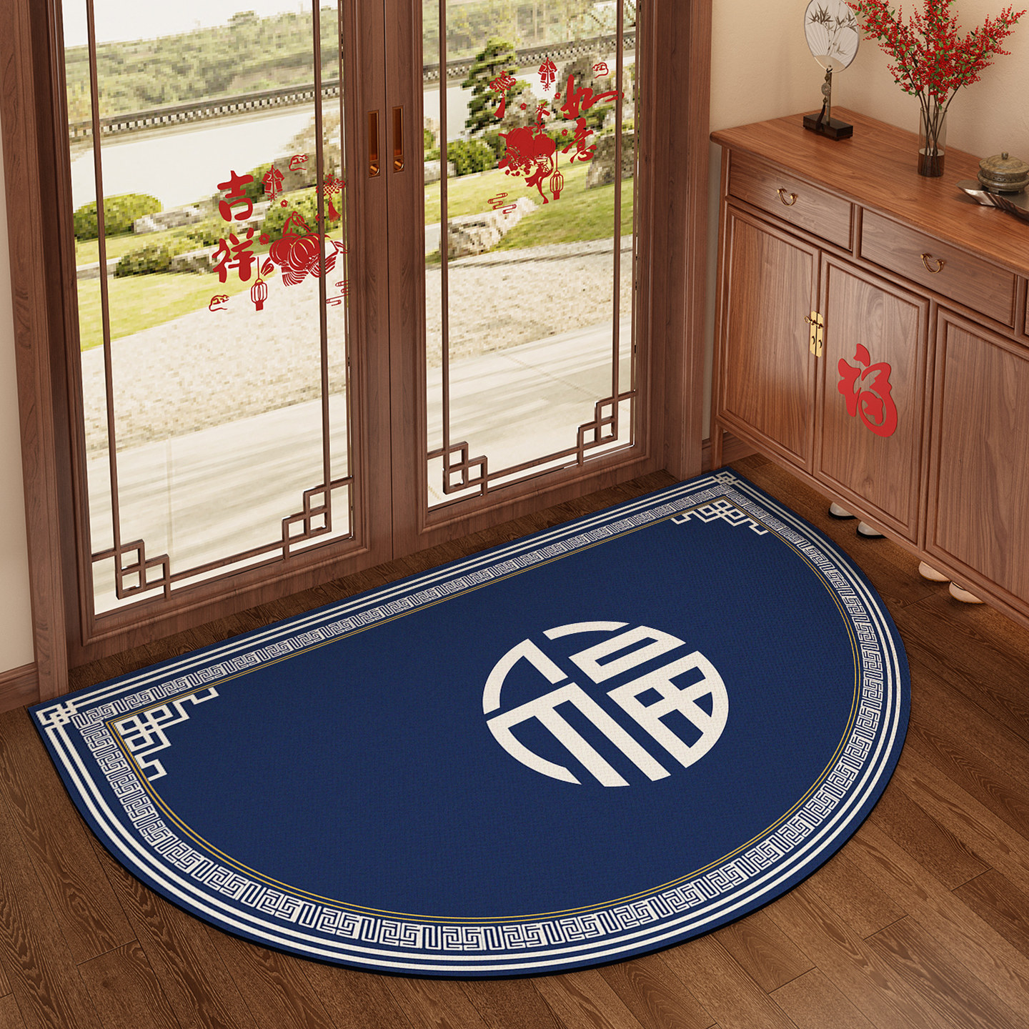 新中式蓝色入户门地垫高级感2025新款防滑耐脏半圆地毯脚垫门垫,居家布艺,入户地垫,淘宝优惠券,粉丝福利购,淘宝优惠卷