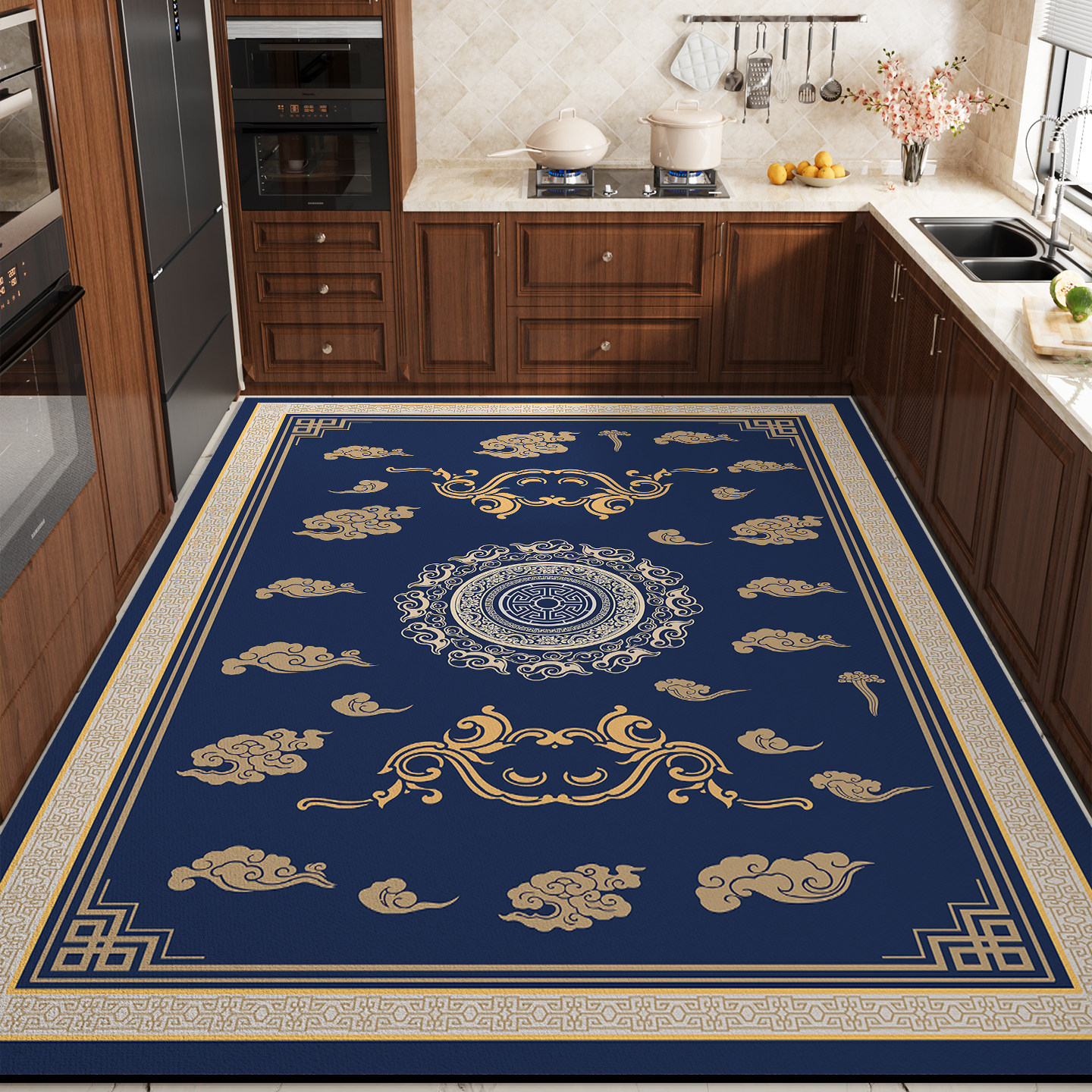 新中式蓝色地垫厨房专用防滑防油可擦免洗脚垫防水吸水硅藻泥地毯,居家布艺,厨房地垫,淘宝优惠券,粉丝福利购,淘宝优惠卷