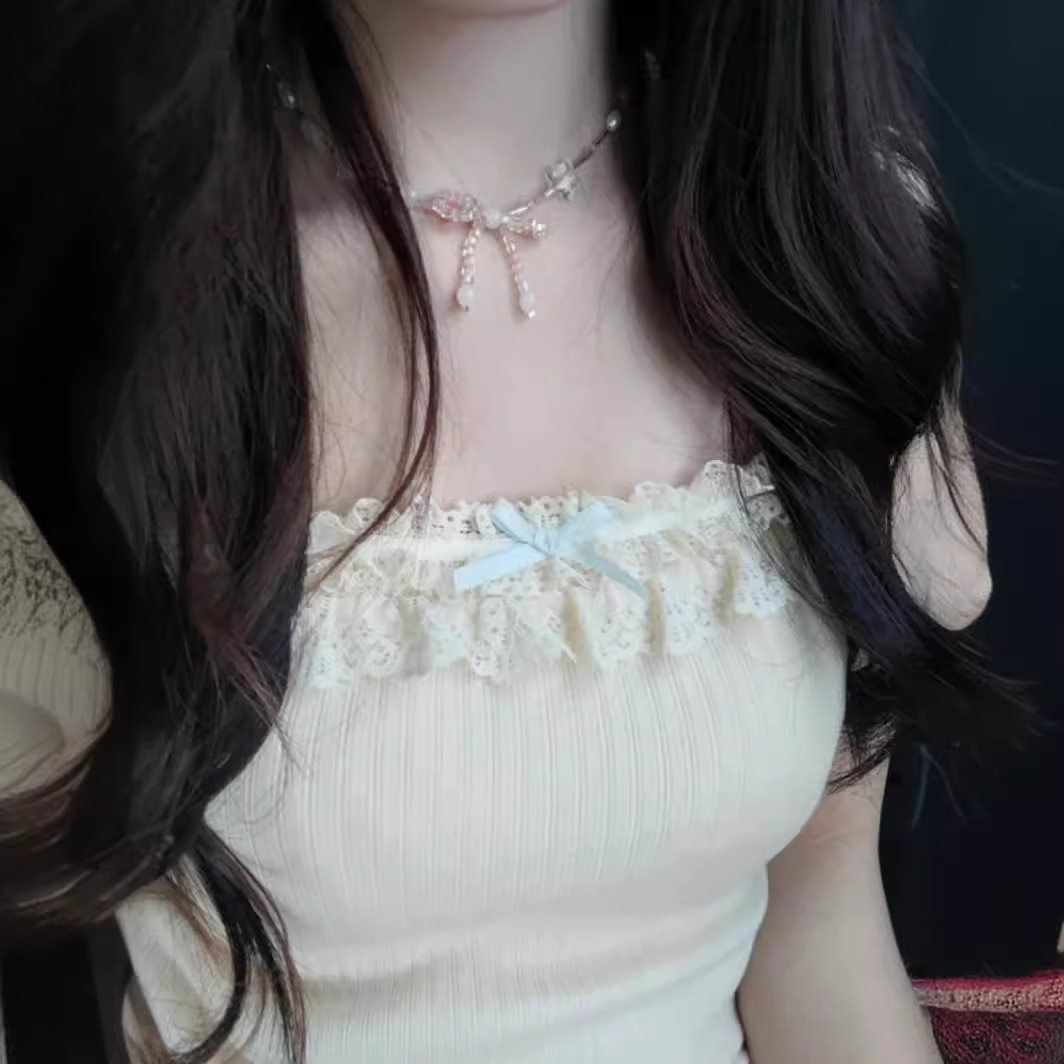 杏色蕾丝吊带背心女内搭夏季外穿法式纯欲温柔甜美奶乖结上衣常规