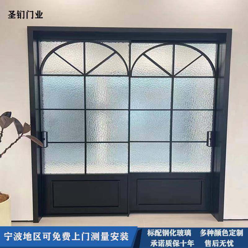 法式复古门轻奢奶油风超白玻工艺钢化玻璃上下轨推拉门吊趟老铁门
