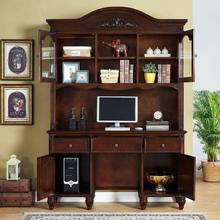 美式书柜书桌一体电脑桌台式欧式大书桌实木带书架学习桌书房家用