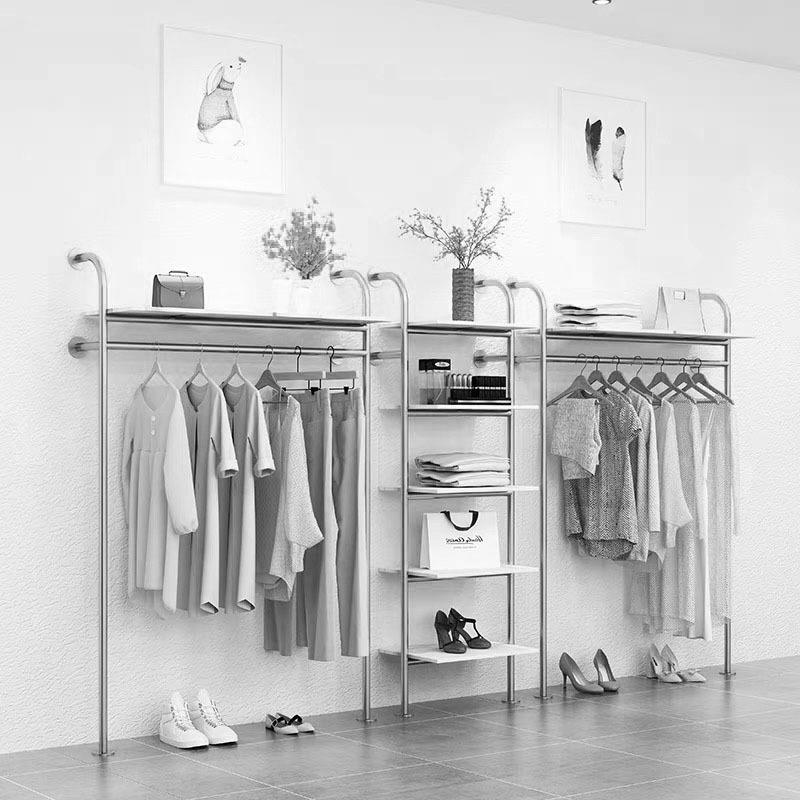 服装店上墙落地展示架双层陈列架多功能墙上组合挂衣架北欧风图片