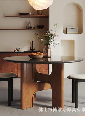 LDAD北欧中古钢化玻璃双层餐桌椅家用法式复古橡木实木圆形饭桌子