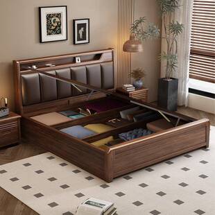 主卧卧室实木床1米8双人床现代简约带储物气压软靠背家用1米5的床