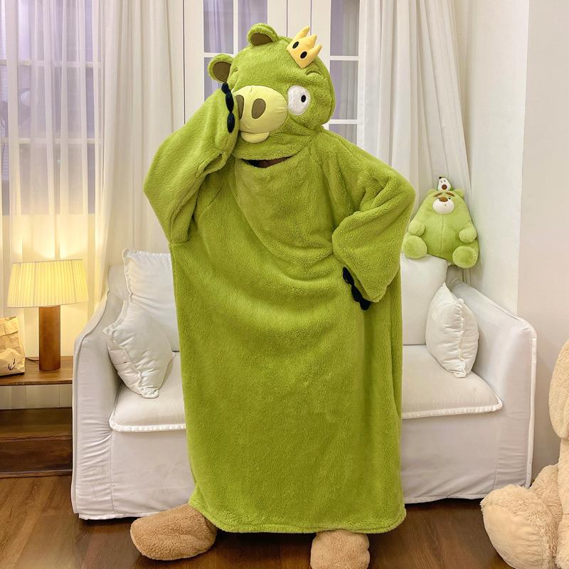 珊瑚绒连体睡衣女冬季新款卡通搞怪捣蛋猪睡袍连帽加厚家居服外穿